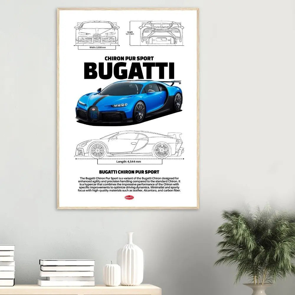 Bugatti Chiron Pur Sport Classic Matte Paper Wooden Framed Poster, Luxury Automotive Wall Art, Ready - to - Hang Decor - Hustle and Soul