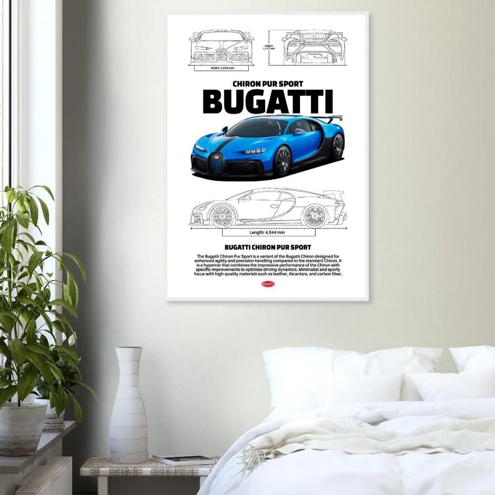 Bugatti Chiron Pur Sport Classic Matte Paper Wooden Framed Poster, Luxury Automotive Wall Art, Ready - to - Hang Decor - Hustle and Soul