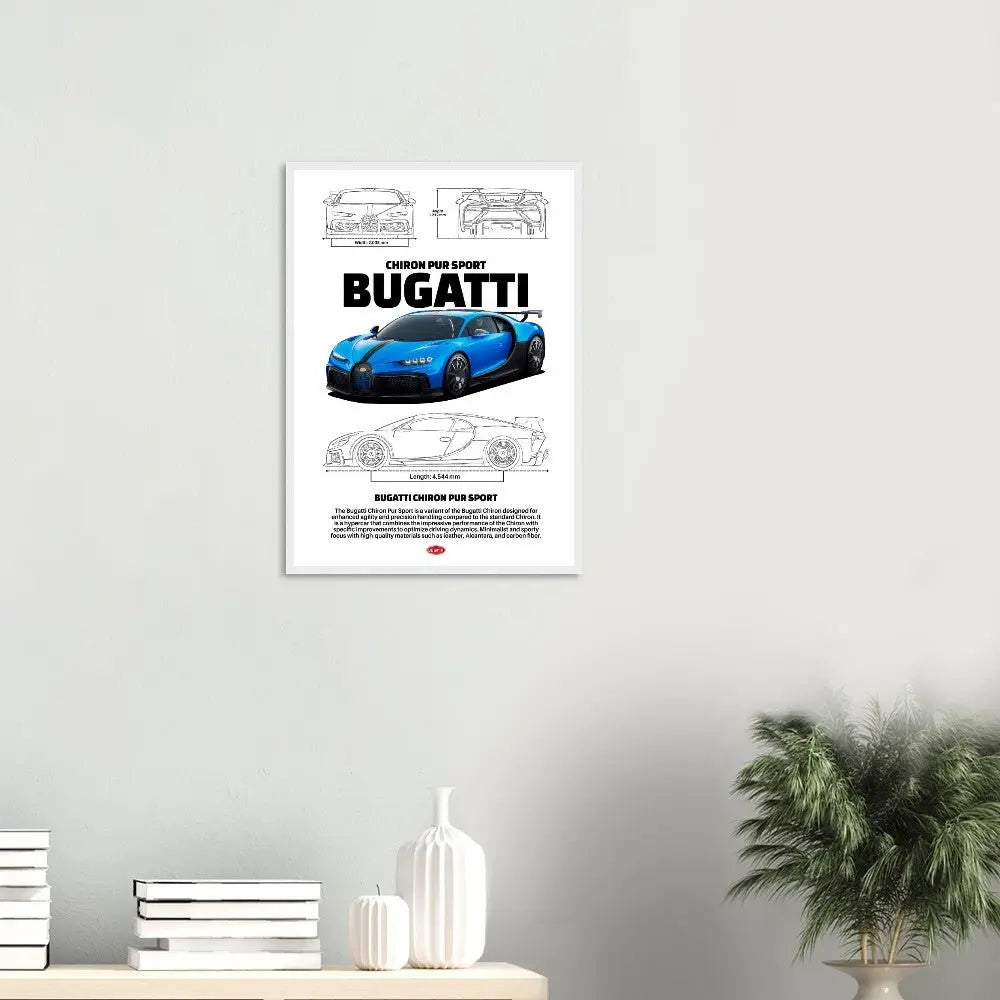 Bugatti Chiron Pur Sport Classic Matte Paper Wooden Framed Poster, Luxury Automotive Wall Art, Ready - to - Hang Decor - Hustle and Soul