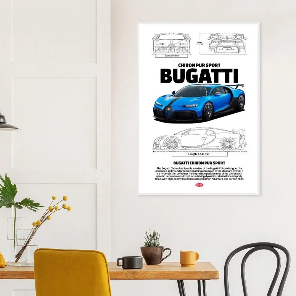 Bugatti Chiron Pur Sport Classic Matte Paper Wooden Framed Poster, Luxury Automotive Wall Art, Ready - to - Hang Decor - Hustle and Soul