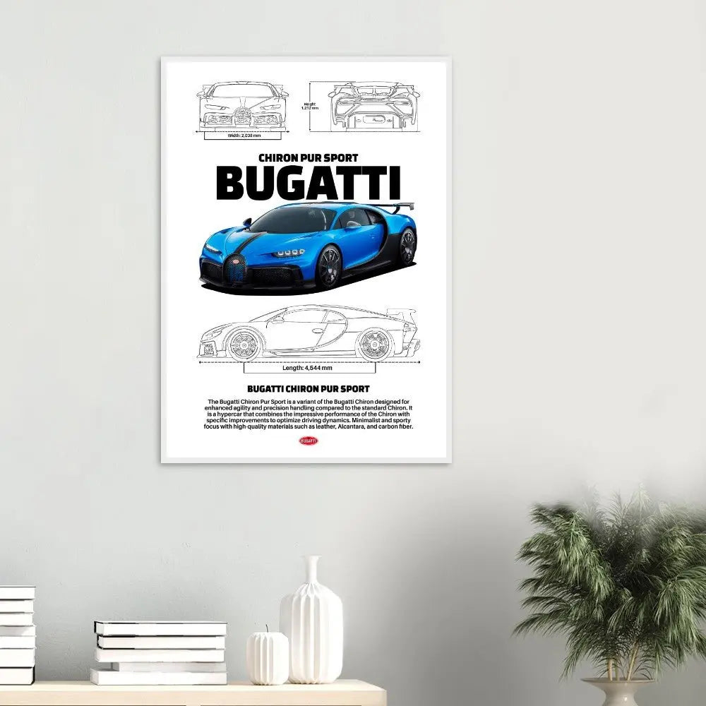 Bugatti Chiron Pur Sport Classic Matte Paper Wooden Framed Poster, Luxury Automotive Wall Art, Ready - to - Hang Decor - Hustle and Soul