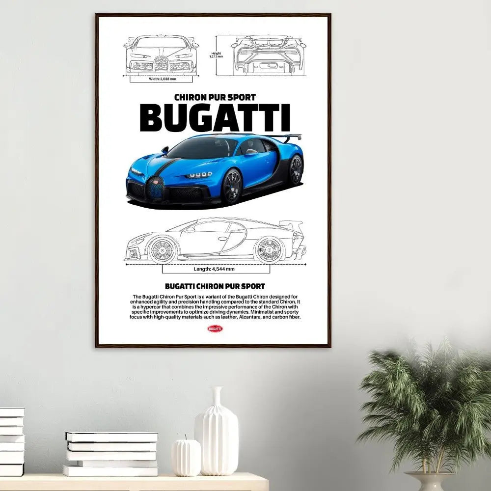 Bugatti Chiron Pur Sport Classic Matte Paper Wooden Framed Poster, Luxury Automotive Wall Art, Ready - to - Hang Decor - Hustle and Soul
