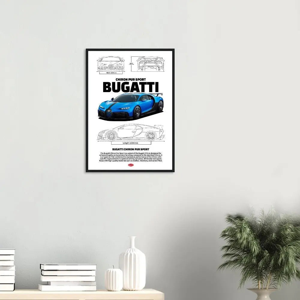 Bugatti Chiron Pur Sport Classic Matte Paper Wooden Framed Poster, Luxury Automotive Wall Art, Ready - to - Hang Decor - Hustle and Soul