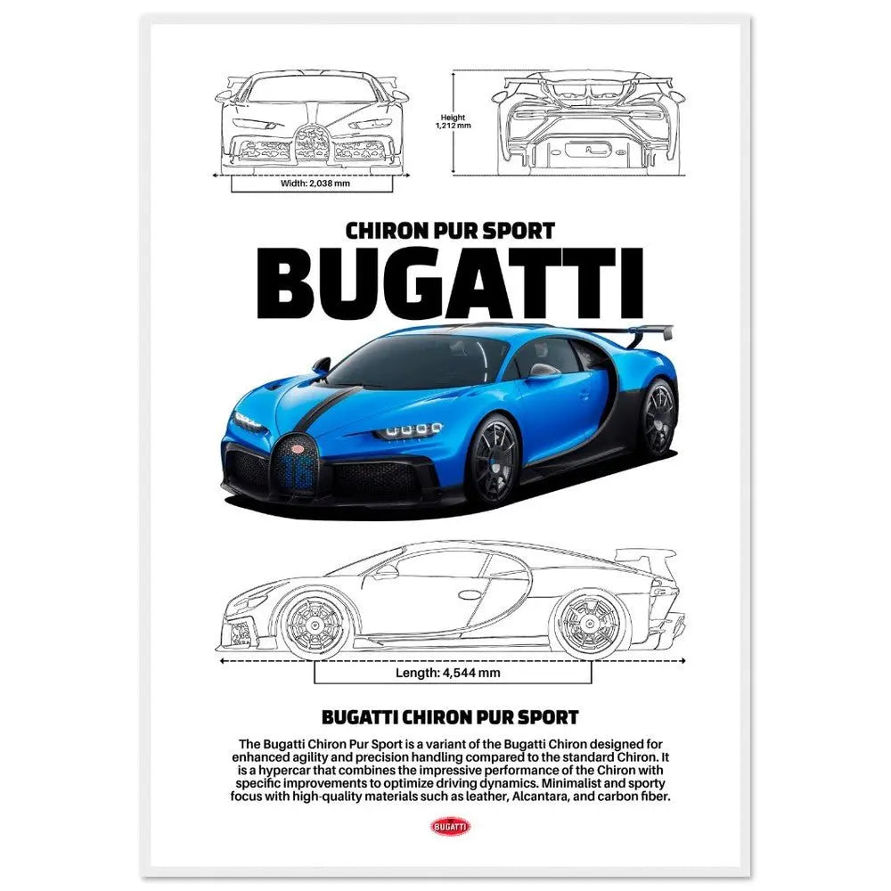 Bugatti Chiron Pur Sport Classic Matte Paper Wooden Framed Poster, Luxury Automotive Wall Art, Ready - to - Hang Decor - Hustle and Soul