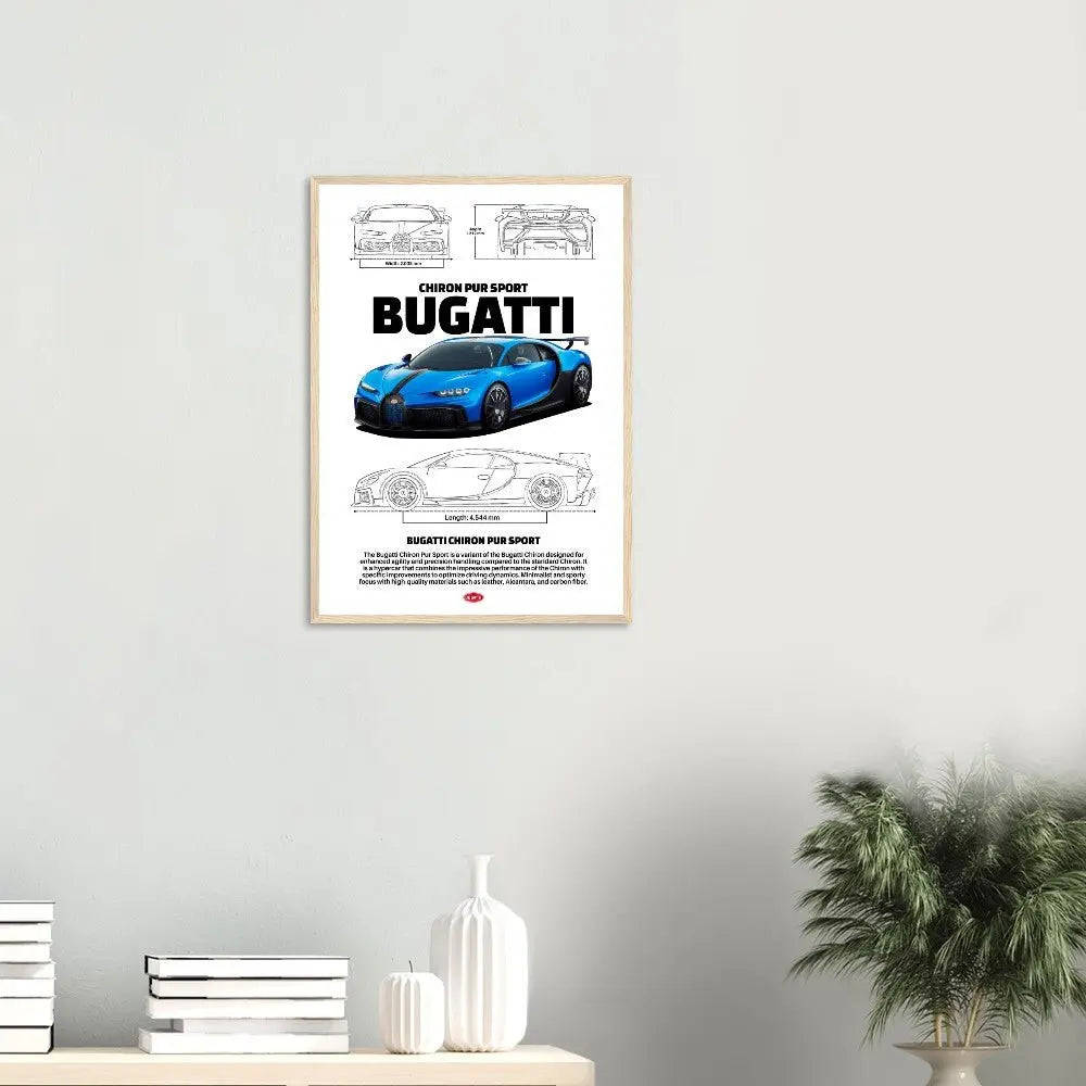 Bugatti Chiron Pur Sport Classic Matte Paper Wooden Framed Poster, Luxury Automotive Wall Art, Ready - to - Hang Decor - Hustle and Soul