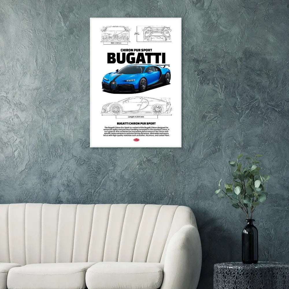 Bugatti Chiron Pur Sport Classic Matte Paper Wooden Framed Poster, Luxury Automotive Wall Art, Ready - to - Hang Decor - Hustle and Soul