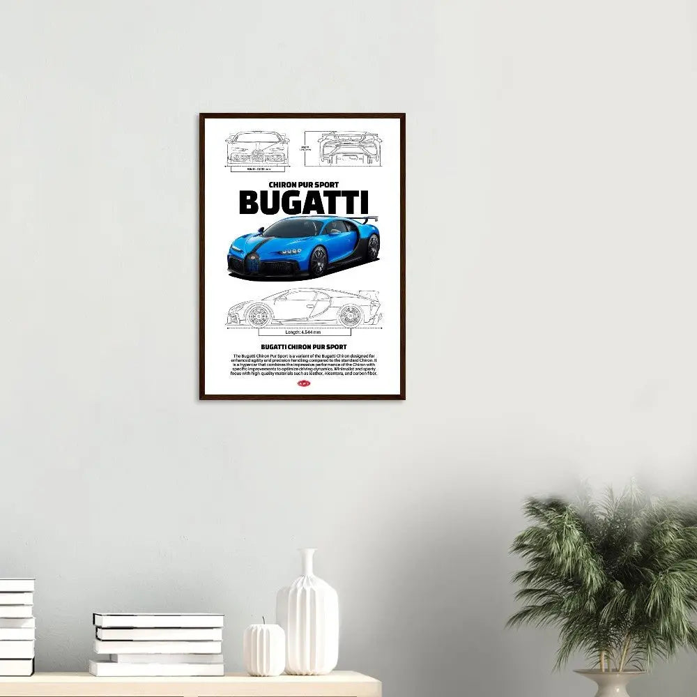 Bugatti Chiron Pur Sport Classic Matte Paper Wooden Framed Poster, Luxury Automotive Wall Art, Ready - to - Hang Decor - Hustle and Soul