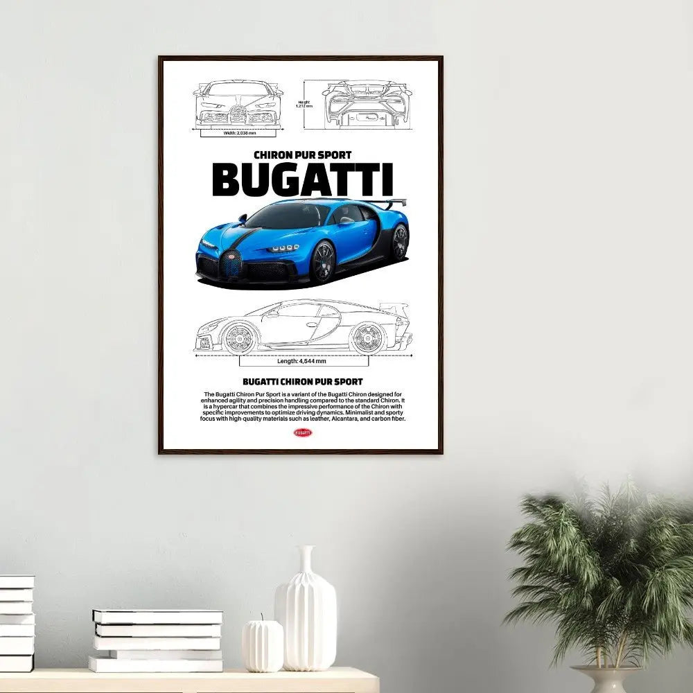 Bugatti Chiron Pur Sport Classic Matte Paper Wooden Framed Poster, Luxury Automotive Wall Art, Ready - to - Hang Decor - Hustle and Soul