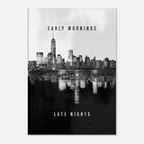 Early Mornings Late Nights motivational canvas print, above a bedside table