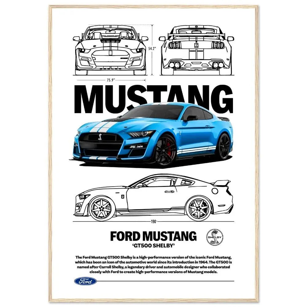 Ford Mustang GT500 Shelby Classic Matte Paper Wooden Framed Poster, Muscle Car Wall Art - Hustle and Soul