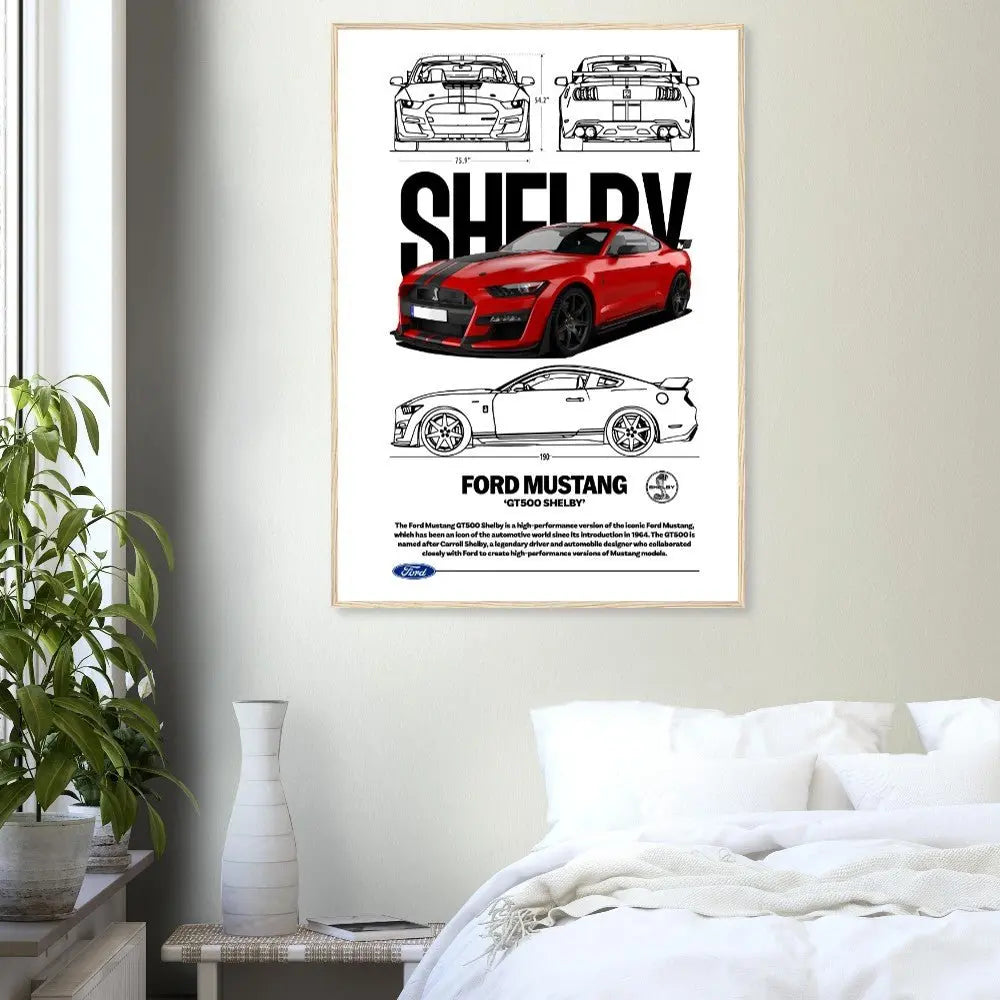 Ford Mustang GT500 Shelby Classic Matte Paper Wooden Framed Poster, Muscle Car Wall Art - Hustle and Soul