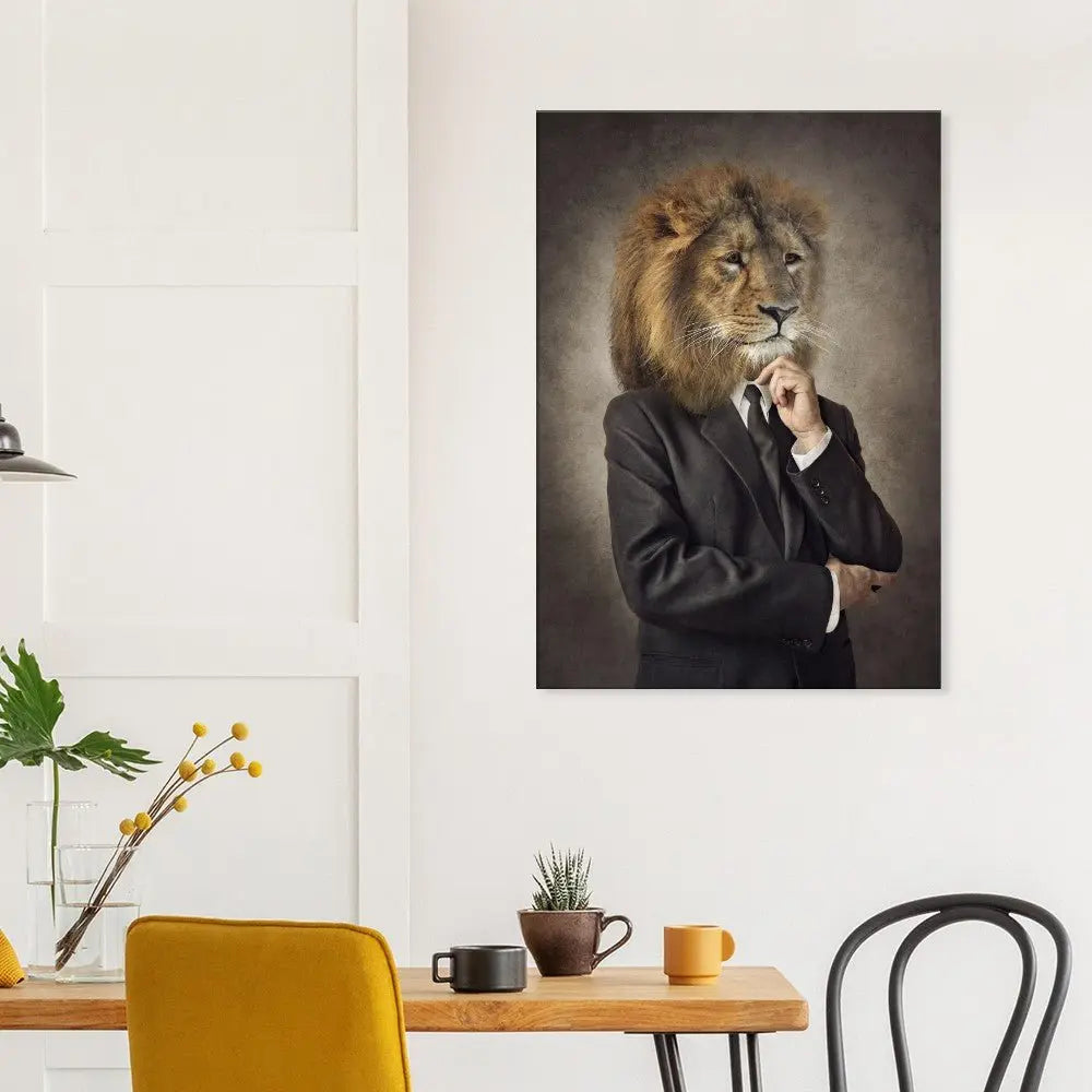 Lion in a Suit Canvas Wall Art, Boss Lion Gentleman Artwork, Thick Frame Whimsical Decor for Home or Office - Hustle and Soul