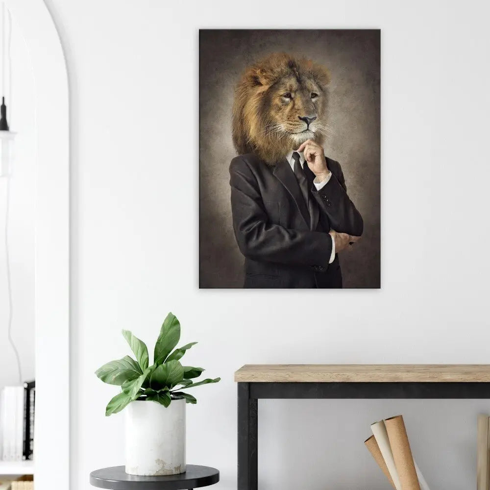 Lion in a Suit Canvas Wall Art, Boss Lion Gentleman Artwork, Thick Frame Whimsical Decor for Home or Office - Hustle and Soul