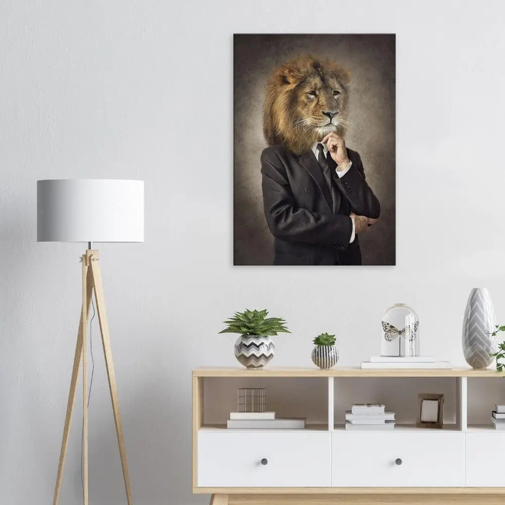 Lion in a Suit Canvas Wall Art, Boss Lion Gentleman Artwork, Thick Frame Whimsical Decor for Home or Office - Hustle and Soul