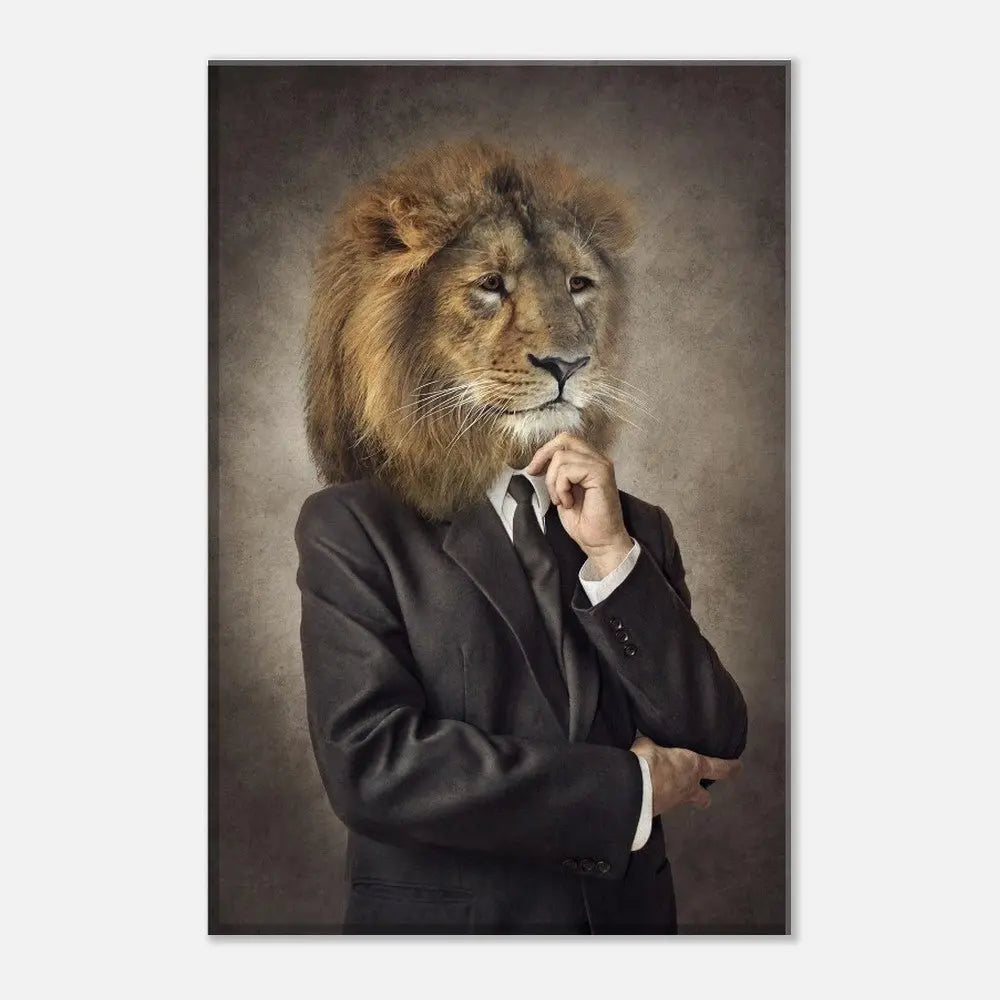 Lion in a Suit Canvas Wall Art, Boss Lion Gentleman Artwork, Thick Frame Whimsical Decor for Home or Office - Hustle and Soul