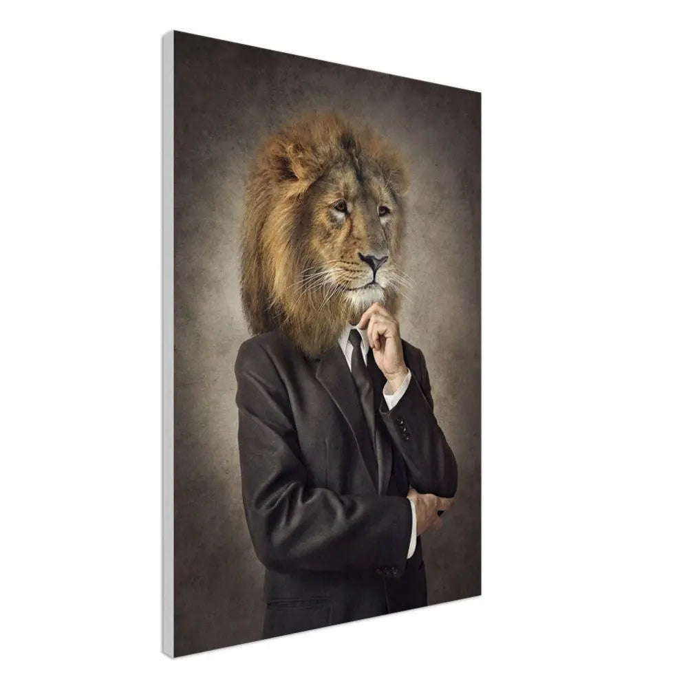 Lion in a Suit Canvas Wall Art, Boss Lion Gentleman Artwork, Thick Frame Whimsical Decor for Home or Office - Hustle and Soul