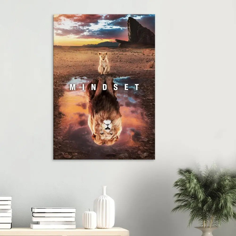 Mindset Motivational Canvas Wall Art, Inspirational Quote Decor, Lion Reflection Artwork - Hustle and Soul