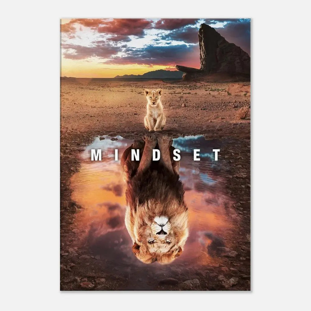 Mindset Motivational Canvas Wall Art, Inspirational Quote Decor, Lion Reflection Artwork - Hustle and Soul