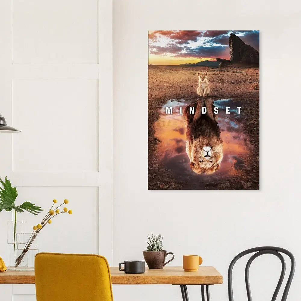 Mindset Motivational Canvas Wall Art, Inspirational Quote Decor, Lion Reflection Artwork - Hustle and Soul