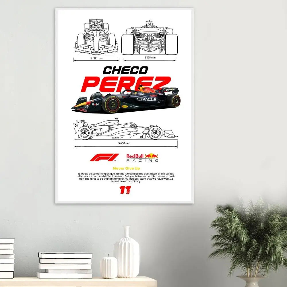 Sergio "Checo" Pérez's Red Bull F1 Car Classic Matte Paper Wooden Framed Poster, Formula 1 Racing Wall Art - Hustle and Soul