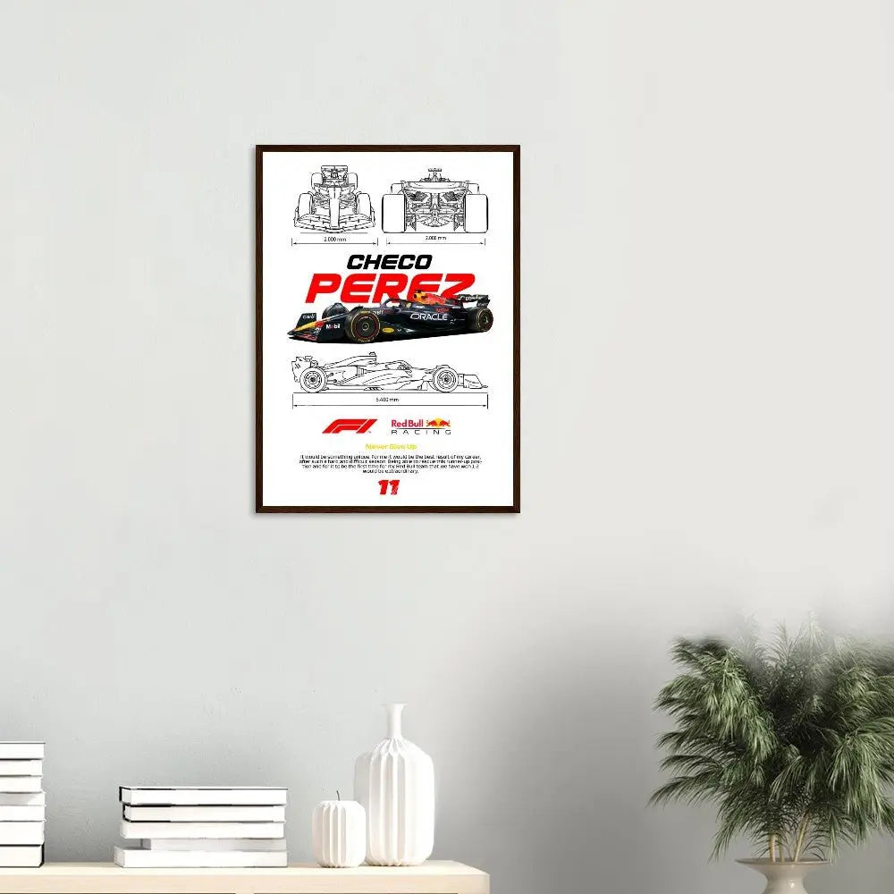 Sergio "Checo" Pérez's Red Bull F1 Car Classic Matte Paper Wooden Framed Poster, Formula 1 Racing Wall Art - Hustle and Soul