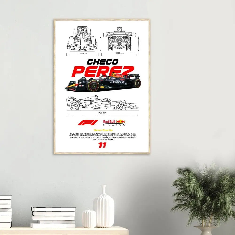 Sergio "Checo" Pérez's Red Bull F1 Car Classic Matte Paper Wooden Framed Poster, Formula 1 Racing Wall Art - Hustle and Soul
