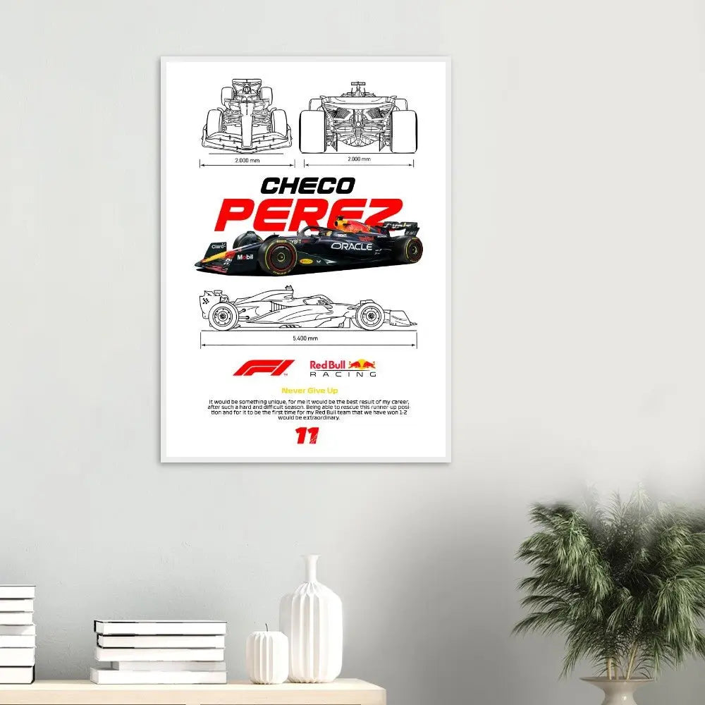 Sergio "Checo" Pérez's Red Bull F1 Car Classic Matte Paper Wooden Framed Poster, Formula 1 Racing Wall Art - Hustle and Soul