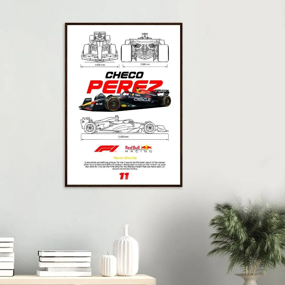 Sergio "Checo" Pérez's Red Bull F1 Car Classic Matte Paper Wooden Framed Poster, Formula 1 Racing Wall Art - Hustle and Soul