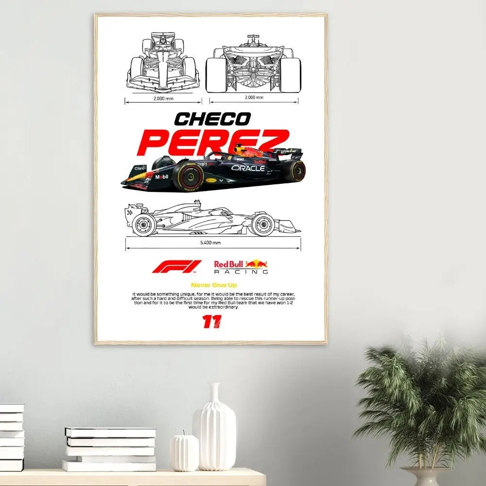 Sergio "Checo" Pérez's Red Bull F1 Car Classic Matte Paper Wooden Framed Poster, Formula 1 Racing Wall Art - Hustle and Soul
