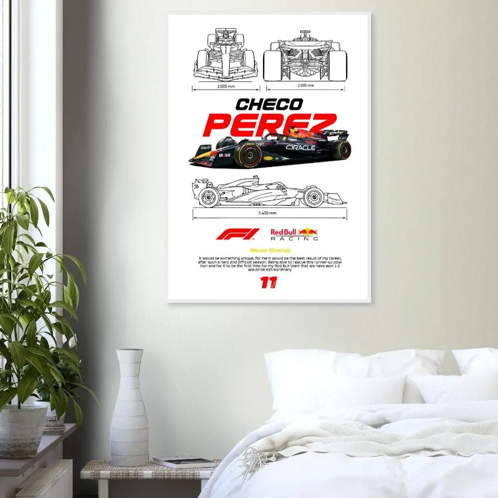 Sergio "Checo" Pérez's Red Bull F1 Car Classic Matte Paper Wooden Framed Poster, Formula 1 Racing Wall Art - Hustle and Soul