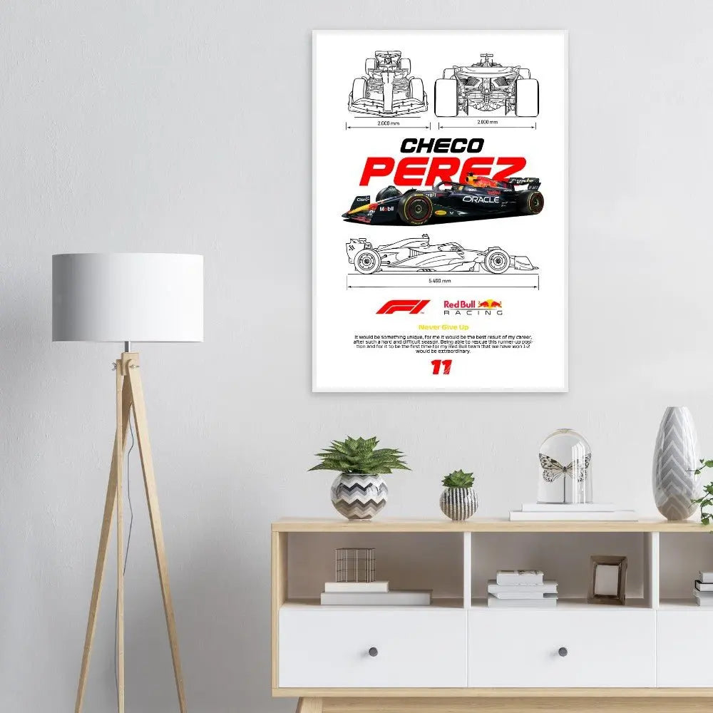 Sergio "Checo" Pérez's Red Bull F1 Car Classic Matte Paper Wooden Framed Poster, Formula 1 Racing Wall Art - Hustle and Soul