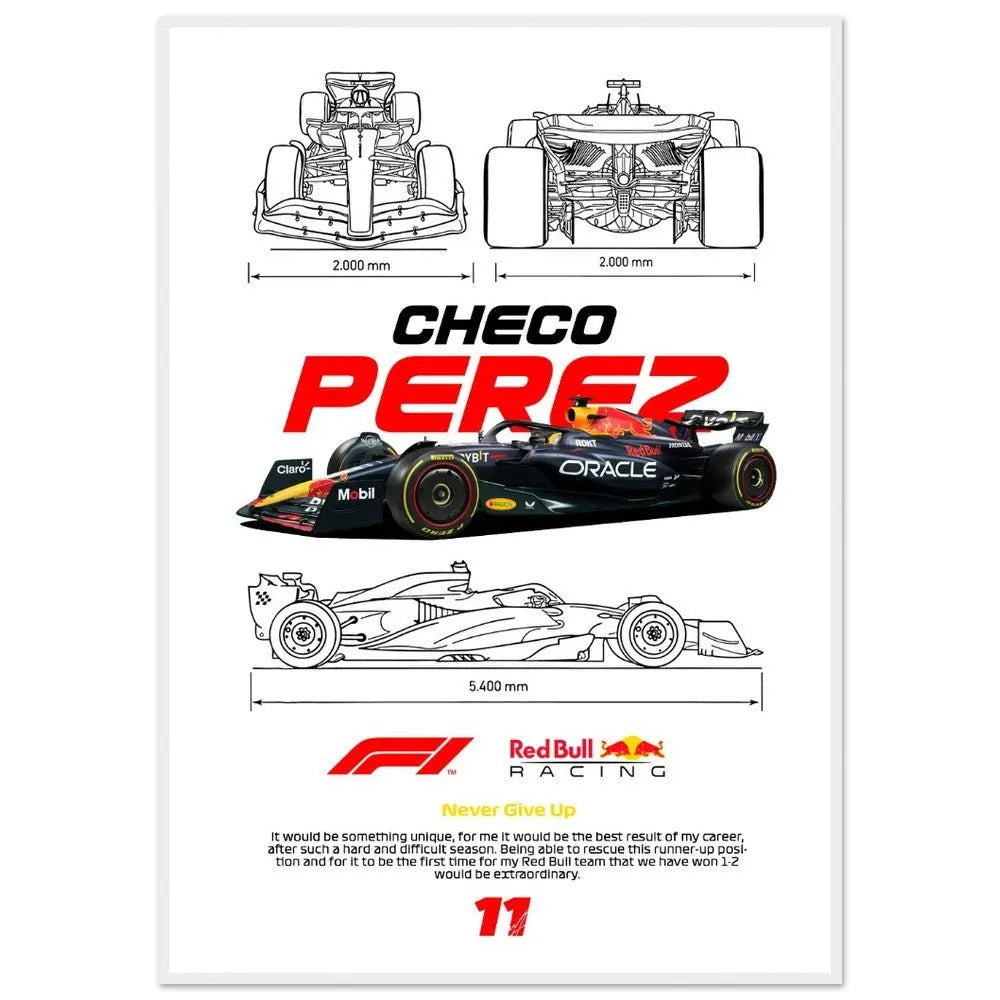 Sergio "Checo" Pérez's Red Bull F1 Car Classic Matte Paper Wooden Framed Poster, Formula 1 Racing Wall Art - Hustle and Soul